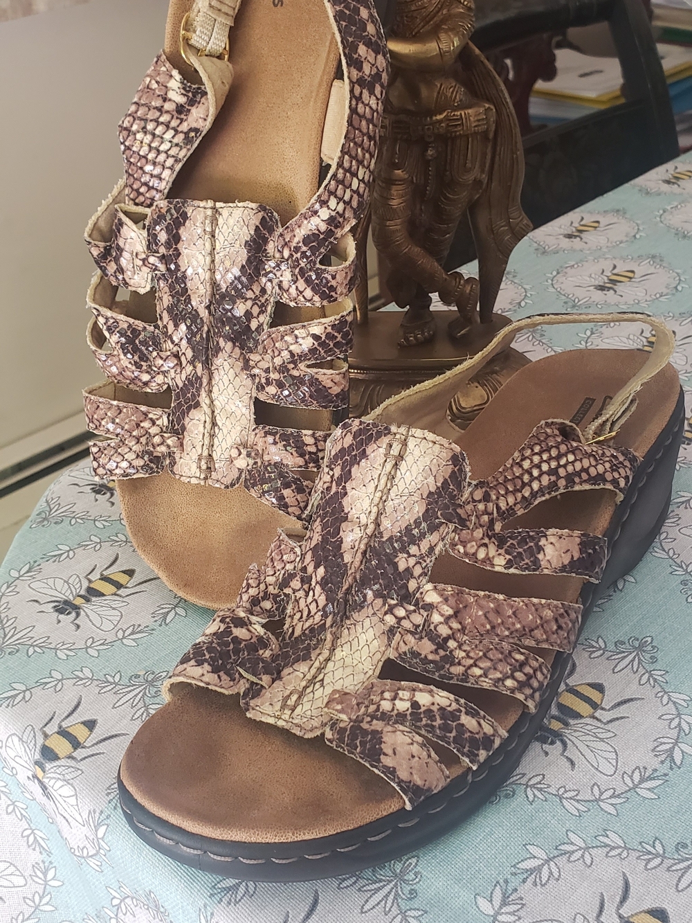 Clarks Women’s Snake-Print Slingback Sandals in Beige and Brown
